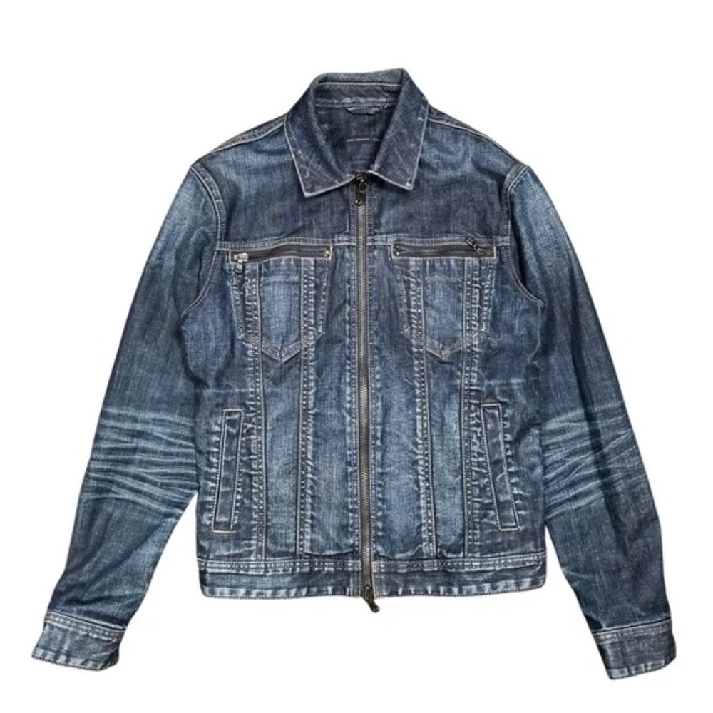 John Varvatos Distressed Blue Denim slim ZipperJacket Small
